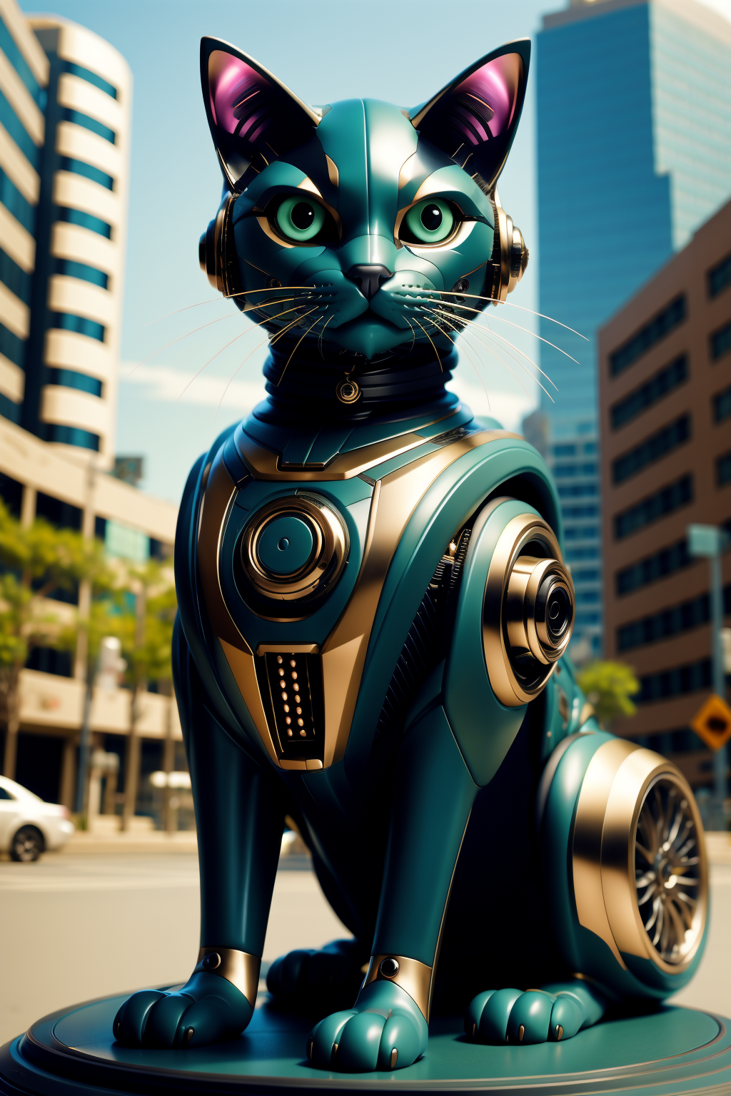 sleek black stealth mechanical cat,car,  cyberpunk city in background, <lora:Mechanicalcat:0.7>